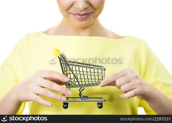 Buying things at market shops concept. Happy smiling woman hand holding small tiny shopping cart trolley. Woman holding small shopping cart