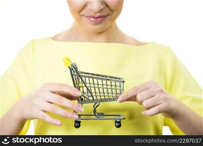 Buying things at market shops concept. Happy smiling woman hand holding small tiny shopping cart trolley. Woman holding small shopping cart