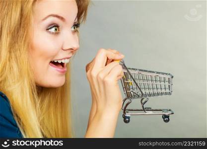 Buying things at market shops concept. Happy smiling woman hand holding small tiny shopping cart trolley. Happy woman holding small tiny shopping cart