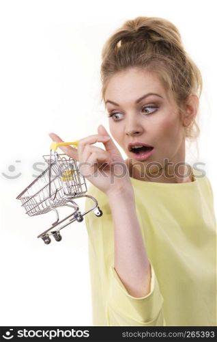 Buying things at market shops concept. Suprised woman hand holding small tiny shopping cart trolley. Woman holding small shopping cart