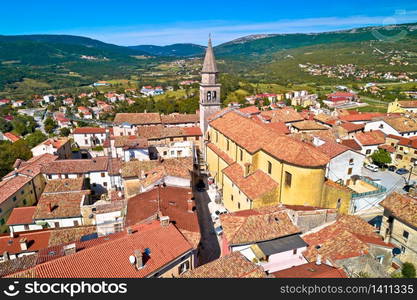 Buzet. Idyllic hill town of Buzet church and architecture aerial view. Istria region of Croatia.