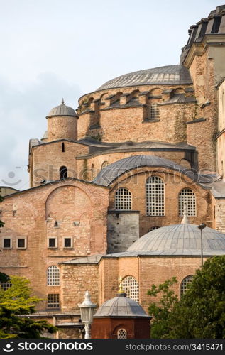 Byzantine architecture of the Hagia Sophia (The Church of the Holy Wisdom or Ayasofya in Turkish), a famous historic landmark in Istanbul, Turkey