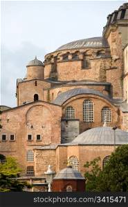 Byzantine architecture of the Hagia Sophia (The Church of the Holy Wisdom or Ayasofya in Turkish), a famous historic landmark in Istanbul, Turkey