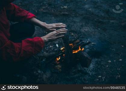 c&fire winter night in the forest, fire baking and warm cozy concept