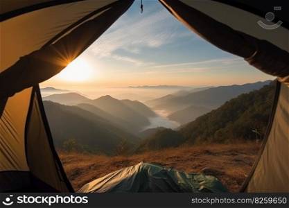 C&ing on the top of the mountain with beautiful panorama at sunrise light view from a tent. Generative AI