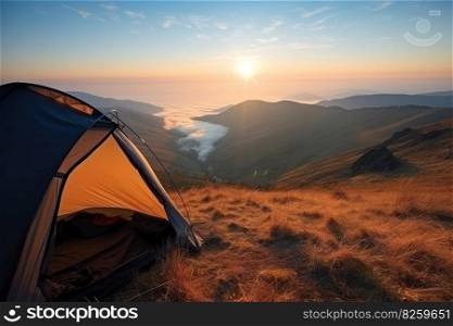 C&ing on the top of the mountain with beautiful panorama at sunrise light view from a tent. Generative AI