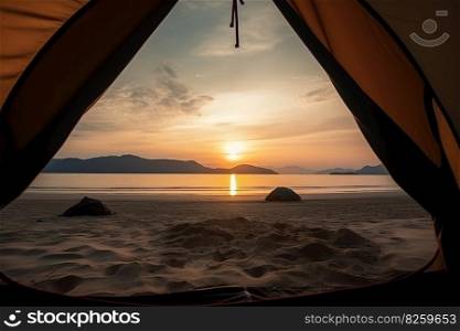 C&ing on the white beach with beautiful panorama at sunrise light view from a tent. Generative AI.