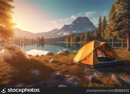 C&ing Tent with Beautiful Lake Mountains Landscape View Relaxing Holiday Adventure at Morning