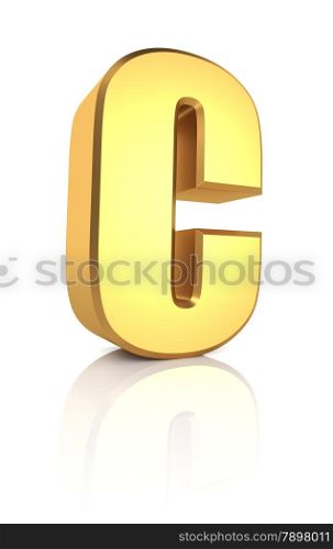 C letter. Gold metal letter on reflective floor. White background. 3d render