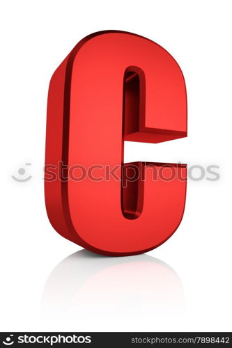 C letter. Red letter on reflective floor. White background. 3d render