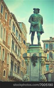 C&o San Bartolomeo with monument in Honour of Carlo Goldoni in Venice, Italy.  Was erected in 1883                          