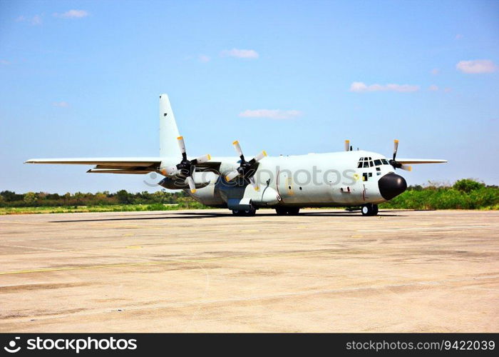 C130 military air forse transport plane on ground ready take off