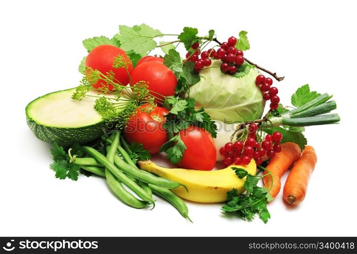 Cabbage, onions, zucchini, tomato, pea, carrot, banana isolated on white background.