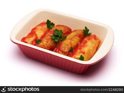 cabbage rolls stuffed with ground beef and rice with sour cream in a baking dish. High quality photo. cabbage rolls stuffed with ground beef and rice with sour cream in a baking dish