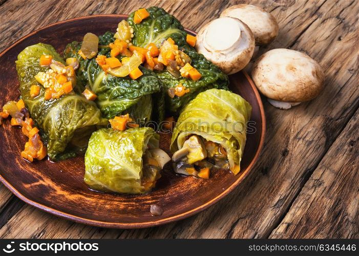 cabbage rolls with vegetable. Vegetable cabbage rolls in leaf of savoy cabbage.Ukrainian food