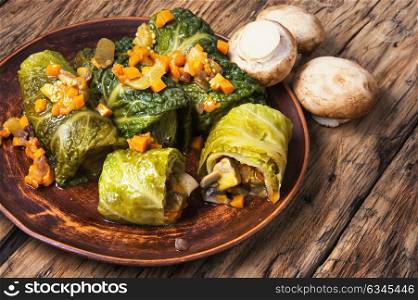 cabbage rolls with vegetable. Vegetable cabbage rolls in leaf of savoy cabbage.Ukrainian food
