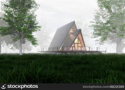 cabin, house in the fog woods 3d rendering