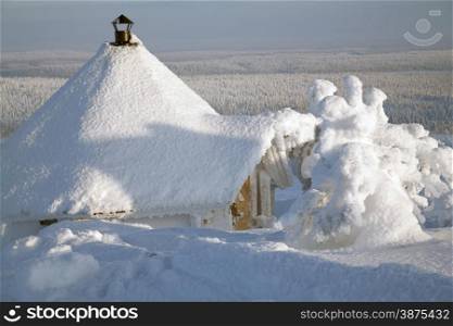 Cabin on winter landscape