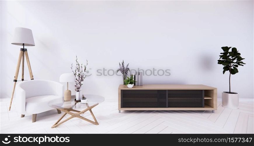 Cabinet and Armchair on room white wall, minimalist and zen interior.3d rendering