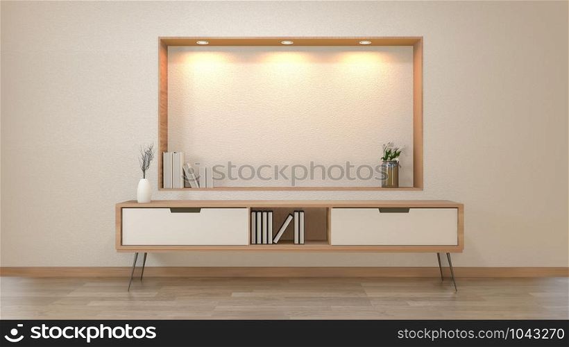 cabinet and decoration in modern zen empty room,minimal designs shelf wall, 3d rendering