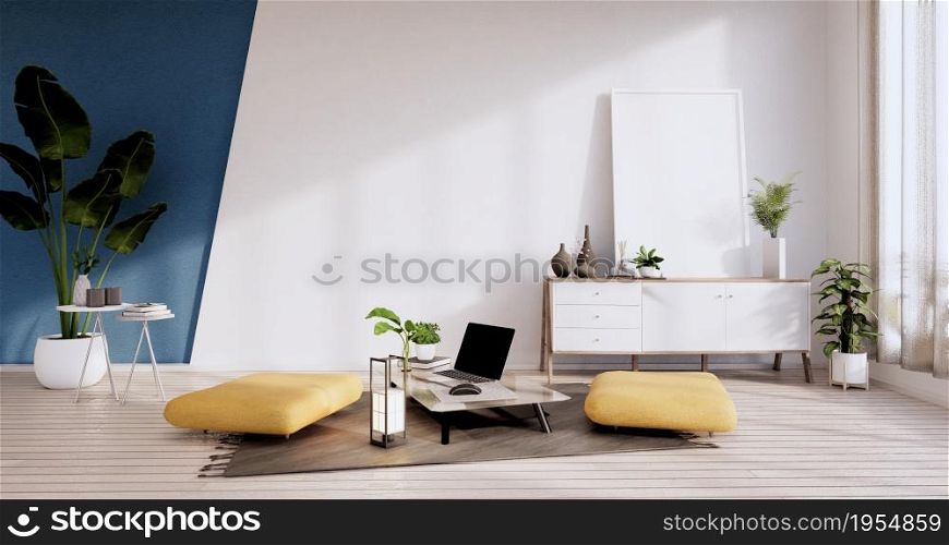 Cabinet, Armchiar, Plants and decoration on white and blue room wall wooden design.3D rendering