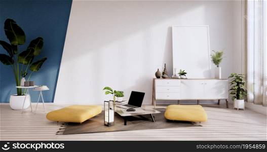Cabinet, Armchiar, Plants and decoration on white and blue room wall wooden design.3D rendering