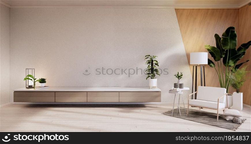 Cabinet, Armchiar, Plants and decoration on white room wall wooden design.3D rendering