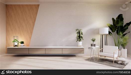 Cabinet, Armchiar, Plants and decoration on white room wall wooden design.3D rendering