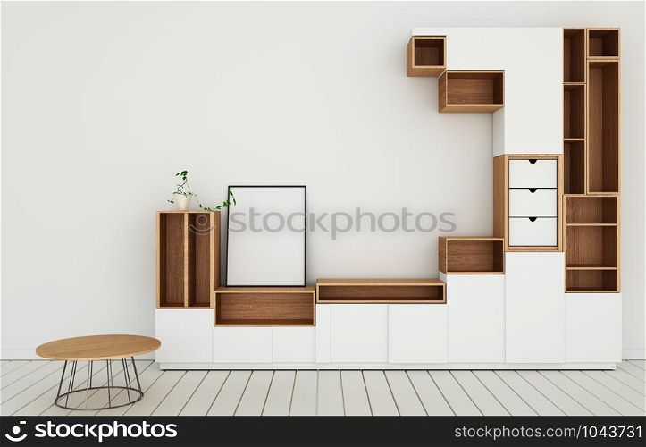 Cabinet design mockup in modern empty room,white floor wooden on white wall room japanese style.3d rendering