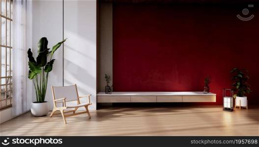 Cabinet in Living room with red wall and armchair.3D rendering