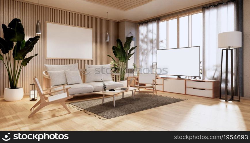 Cabinet in Living room with tatami mat floor and sofa armchair design.3D rendering