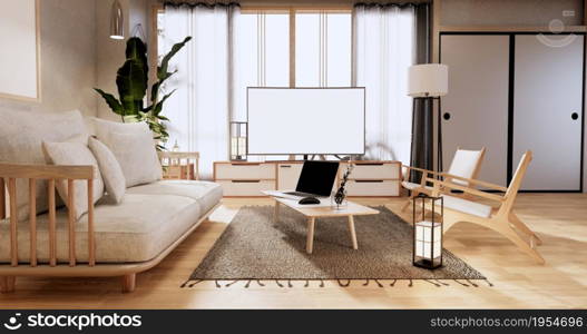 Cabinet in Living room with tatami mat floor and sofa armchair design.3D rendering