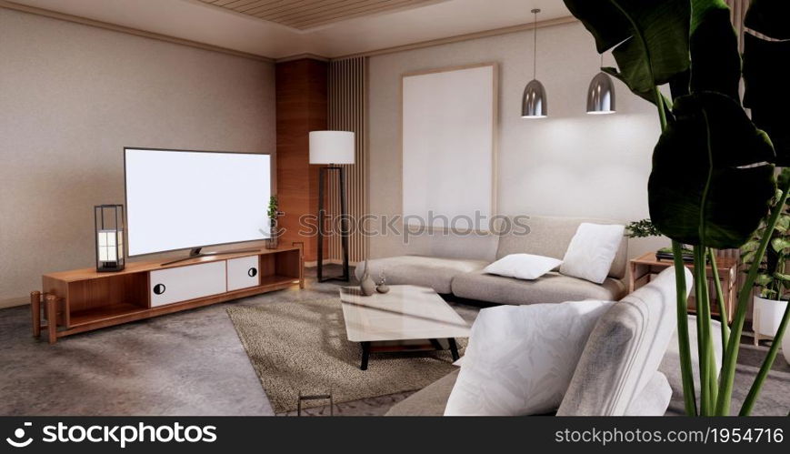 Cabinet in Living room with tatami mat floor and sofa armchair design.3D rendering