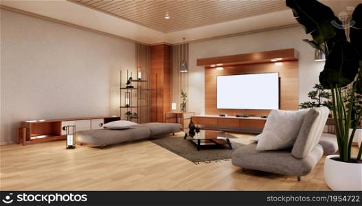 Cabinet in Living room with tatami mat floor and sofa armchair design.3D rendering