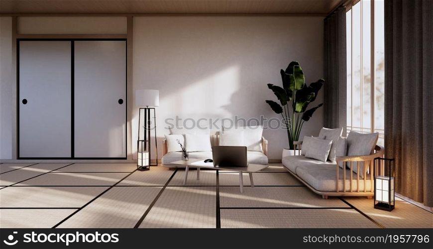Cabinet in Living room with tatami mat floor and sofa armchair design.3D rendering