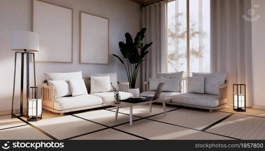 Cabinet in Living room with tatami mat floor and sofa armchair design.3D rendering