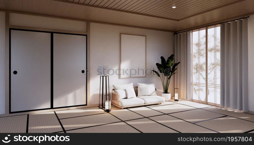 Cabinet in Living room with tatami mat floor and sofa armchair design.3D rendering