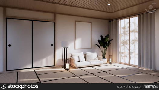 Cabinet in Living room with tatami mat floor and sofa armchair design.3D rendering