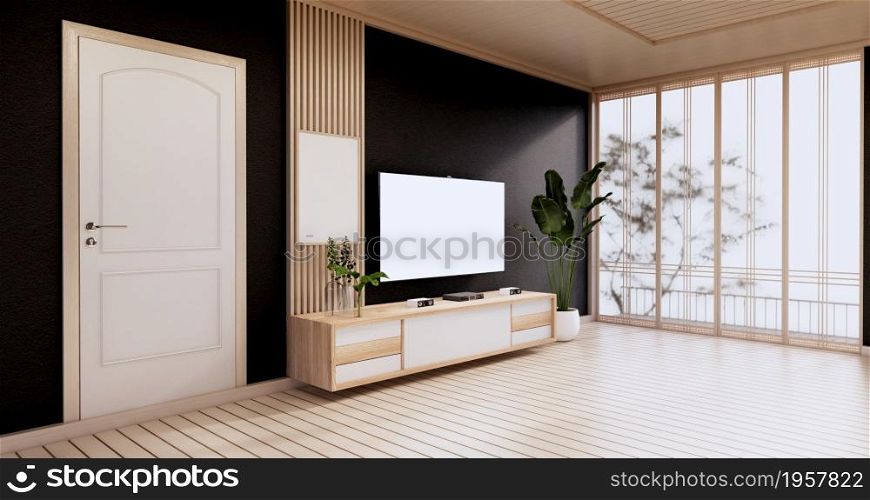 cabinet in modern empty room,black wall on wooden floor, 3d rendering