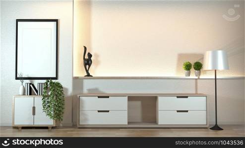 Cabinet in modern zen living room with decoration zen style on white wall design hidden light.3d rendering