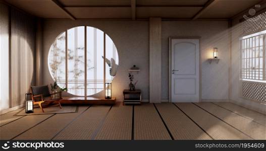 Cabinet Mock up, Minimal Living room, tatami mat floor and armchair design.3D rendering