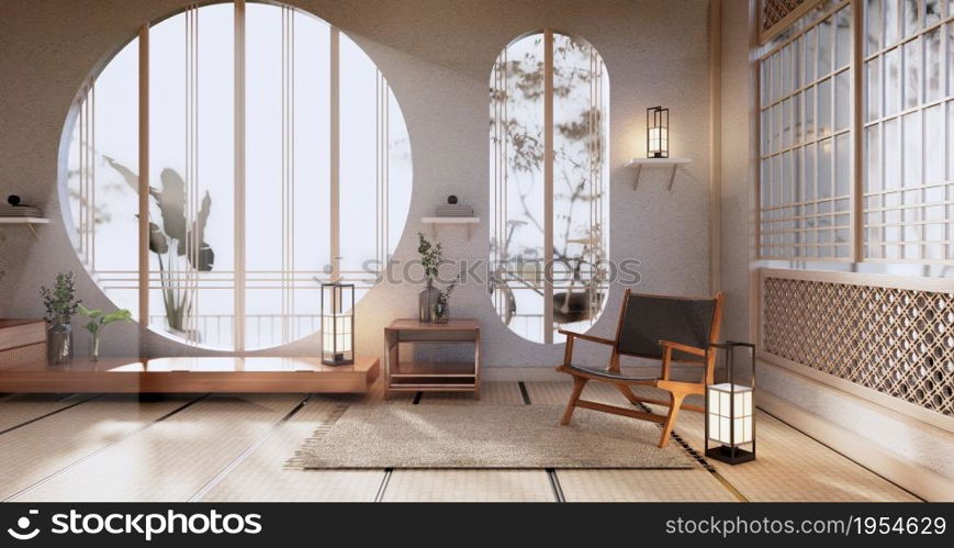 Cabinet Mock up, Minimal Living room, tatami mat floor and armchair design.3D rendering