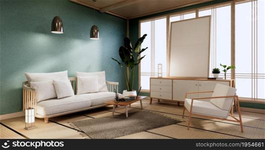 Cabinet Mock up, Minimal mint Living room, tatami mat floor and armchair design.3D rendering