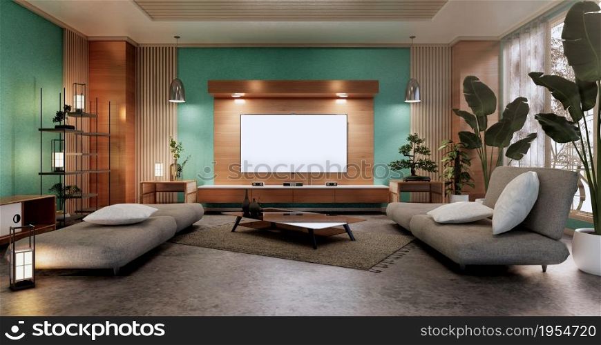 Cabinet Mock up, Minimal mint Living room, tatami mat floor and armchair design.3D rendering