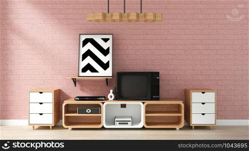 Cabinet Mockup on pink brick wall in japanese living room. 3d rendering
