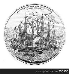 Cabinet of medals, Commemorative Medal (silver) of the Danish naval victories in 1677, vintage engraved illustration. Magasin Pittoresque 1867.