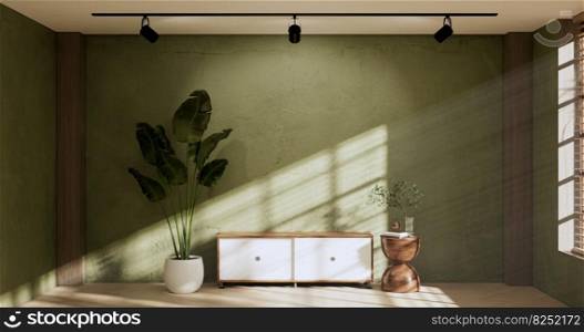 Cabinet on green room wooden interior wabisabi and armchair sofa and decoration japanese style.3D rendering