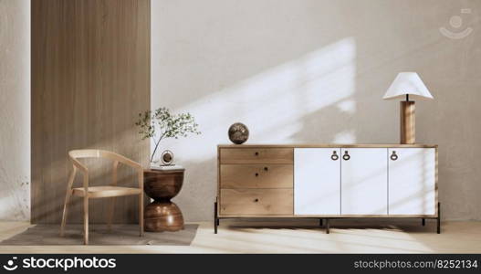 Cabinet room wooden interior wabisabi and armchair sofa and decoration japanese style.3D rendering