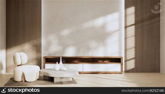 Cabinet room wooden interior wabisabi and armchair sofa and decoration japanese style.3D rendering