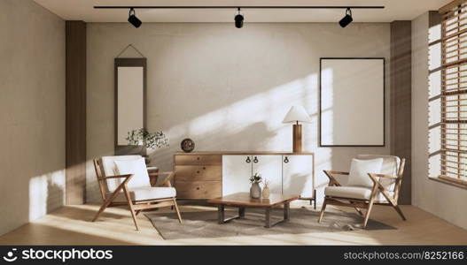 Cabinet room wooden interior wabisabi and armchair sofa and decoration japanese style.3D rendering